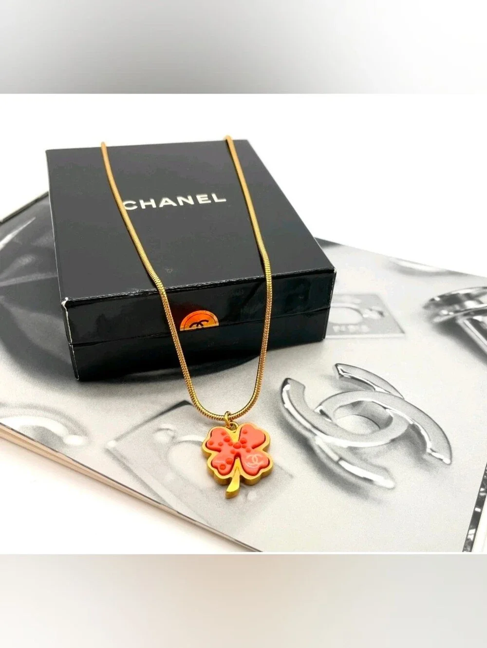 CHANEL Coco Mark Clover Pink Gold  Necklace